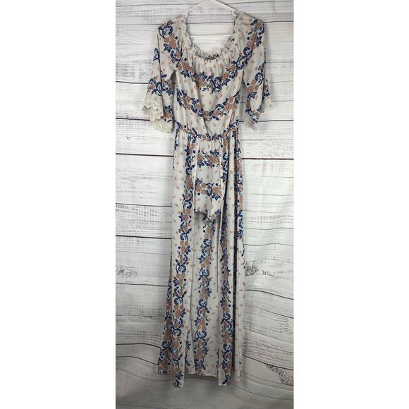 Flying Tomato Duster Romper Womens Small Floral Off Shoulder Lace Cuffs - Picture 1 of 9